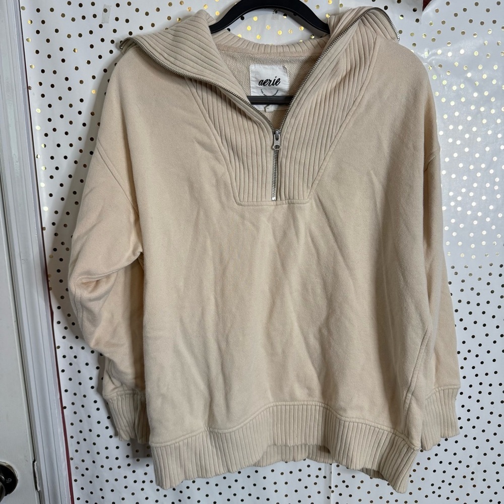 Aerie Beige Ribbed Quarter-Zip Sweater